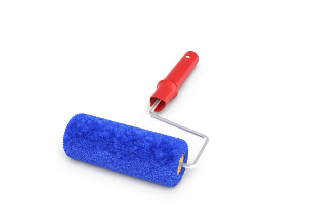 istock 3d rendering of a paint roller in front view with a red handle and a blue fluffy cover. 872085944