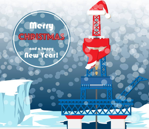kartka świąteczna dla pracowników ropy naftowej i gazu - construction platform sea drill mining stock illustrations