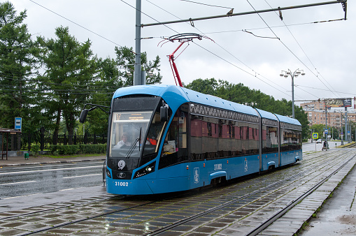 This photo was taken in Moscow, Russia on July 08, 2017. This type of tram are being produced by \