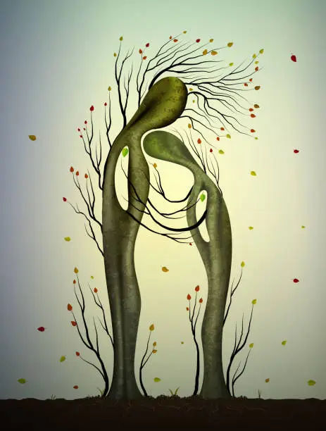 Vector illustration of Two trees in love looks like man and woman, tree hug, family concept, getting older together,