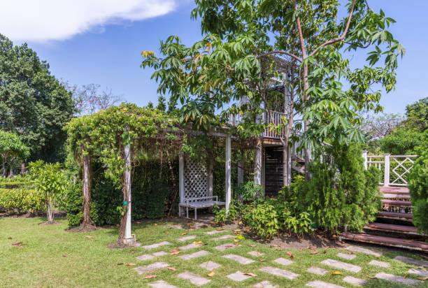 istock Old white pavilion with the ivy. 872093228