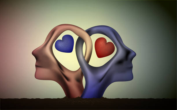 marriage icon, people head in love, blue man and red woman heads in love, surrealistic romantic dream, together forever, vector art illustration