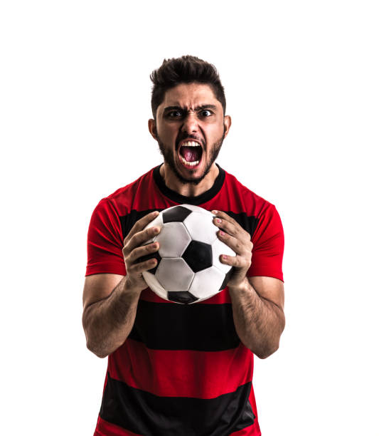 istock Fan / Sport Player on red and black uniform celebrating on white background 872119834