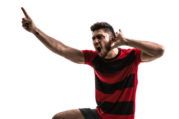 istock Fan / Sport Player on red and black uniform celebrating on white background 872119842