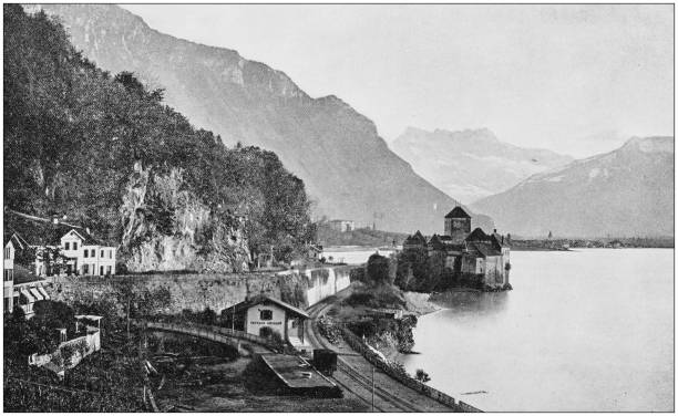 Antique photograph of World's famous sites: Chillon Antique photograph of World's famous sites: Chillon chateau de chillon photos stock illustrations