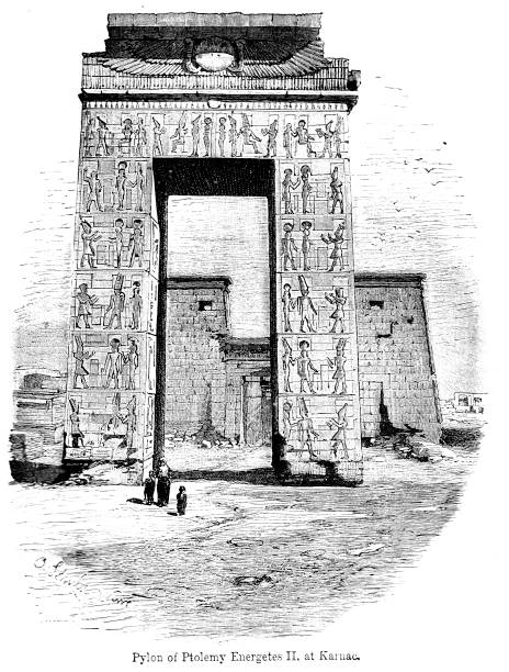 ilustrações de stock, clip art, desenhos animados e ícones de 19th century engraving of 'pylon of ptolemy energetes ii at karnac.' egyptian temples and hieroglyphics; victorian egyptian rulers  1890 - ptolemy