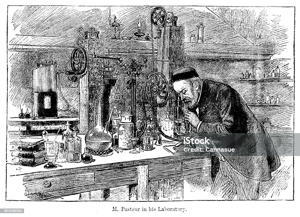 19th century engraving of Louis Pasteur at work in his laboratory; Victorian scientists and their discoveries 1890 taken from Sunday magazine of 1890 Louis Pasteur stock illustration