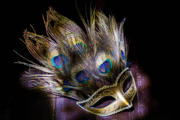 孔雀の羽とカーニバル マスク。光ブラシ - carnival mardi gras mask peacock ストックフォトと画像