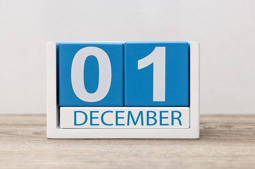 December 1st. Day 1 of december month, calendar on light background. Winter time.