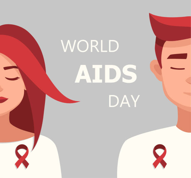 illustrations, cliparts, dessins animés et icônes de vector femme et homme rouge ruban mondes illustration jour de sida - sida