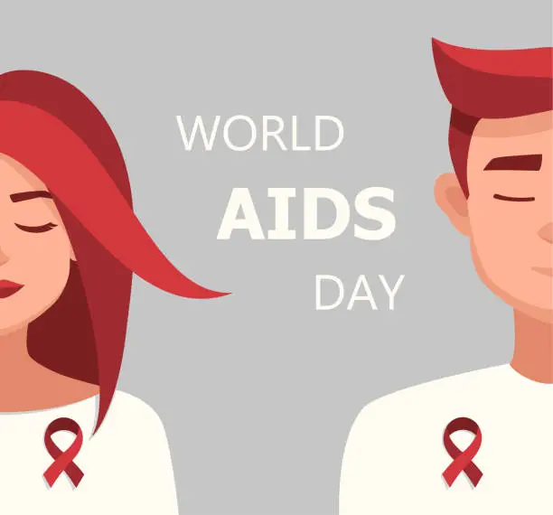 Vector illustration of Vector Woman and Man Red Ribbon Worlds AIDS Day Illustration
