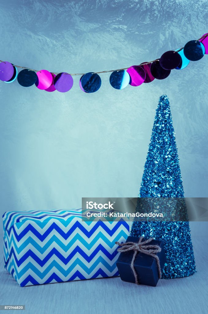 Merry Christmas concept blue christmas tree and present decoration Blue Stock Photo