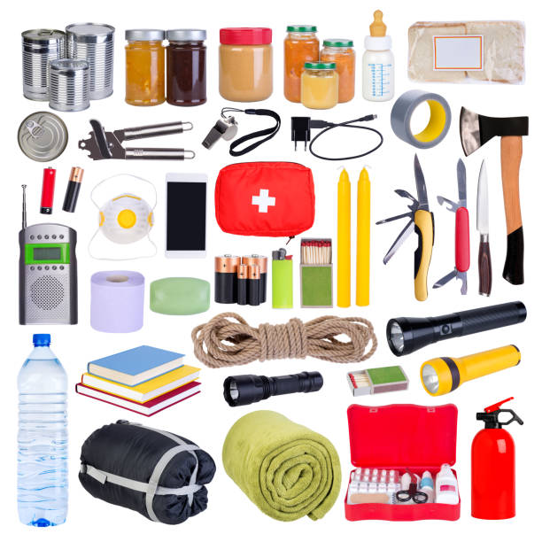 Objects useful in emergency situations such as natural disasters Objects useful in emergency situations such as natural disasters. Isolated on white background survival tools stock pictures, royalty-free photos & images