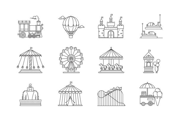 선형 공원 아이콘 벡터 요소의 평면 설정. 놀이 공원 개체 흰색 배경에 고립입니다. 관람차, 서커스, 회전 목마, 명소와 공원. - rollercoaster people amusement park ride red stock illustrations