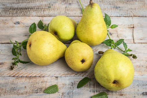 Fresh organic pears on old wood. Fruit background. Pear autumn harvest.