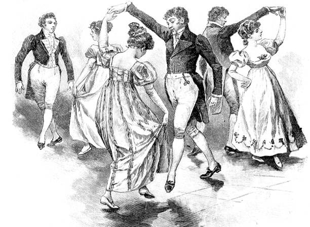 오래 된 전통 무용: 커플 댄스는 보트 - past women old fashioned couple stock illustrations