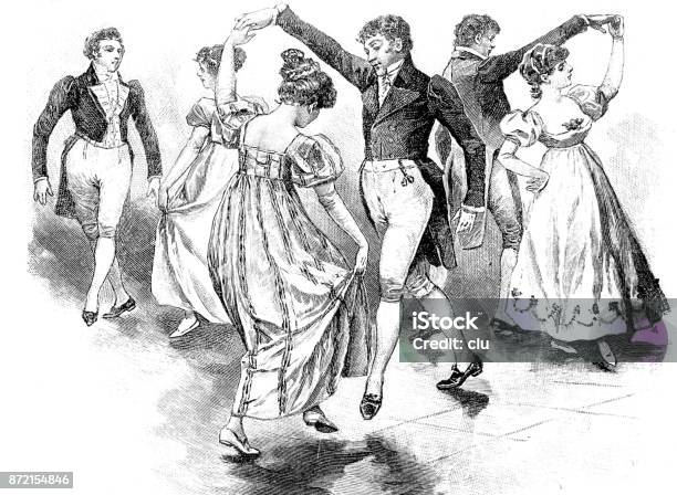 Traditional Old Dance Couples Dancing The Gavotte Stock Illustration - Download Image Now - Dancing, 19th Century, Engraving