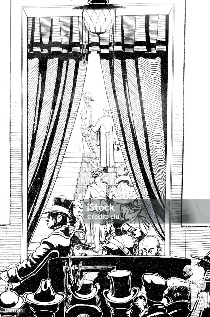 People are walking through the entrance to the royal party Illustration from 19th century Curtain stock illustration