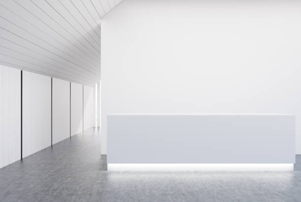 istock White and wooden wall office, gray reception 872156342