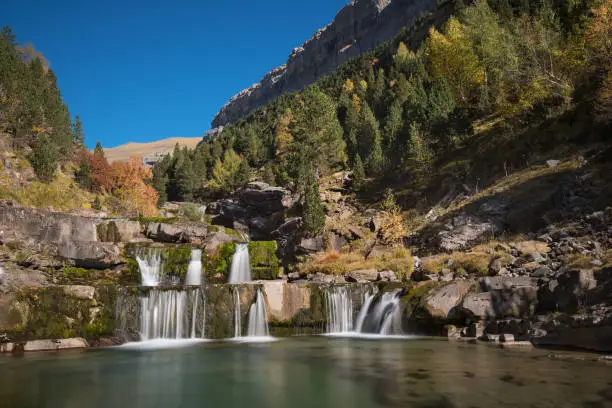 Beautiful landscape of a cascade in Ordesa National park in Aragonese pyrenees, Spain.