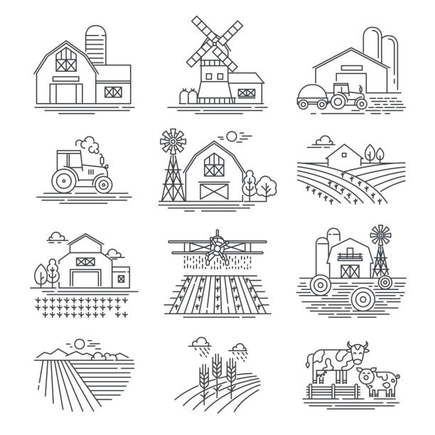 pola rolnicze i rolnicze liniowe ikony wektorowe izolowane na białym tle. koncepcja życia rolniczego i rolniczego. ciągniki kombajnowe i budynki wiejskie. cienki czarny styl linii - farm barn stock illustrations