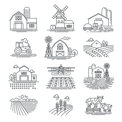 Farm and farming fields linear vector icons isolated on white background. Farming and agriculture life concept. Harvester tractors and village buildings. Thin black line style.