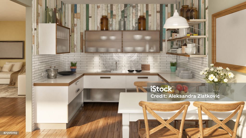 Rustic Kitchen Picture of domestic, rustic kitchen. Render image. Farmhouse Stock Photo