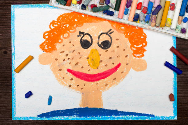 istock Colorful drawing: Smiling ginger hair boy with freckles, 872173904