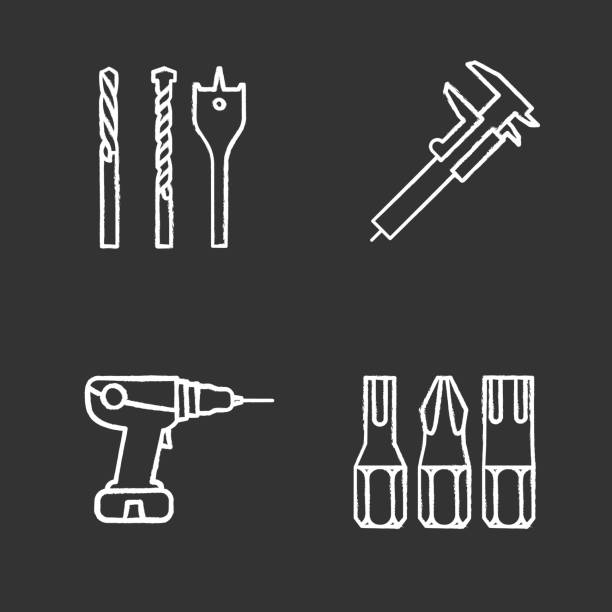 Construction tools icons Construction tools chalk icons set. Vector. Screwdriver bits, slide gauge, power drill vernier calliper stock illustrations