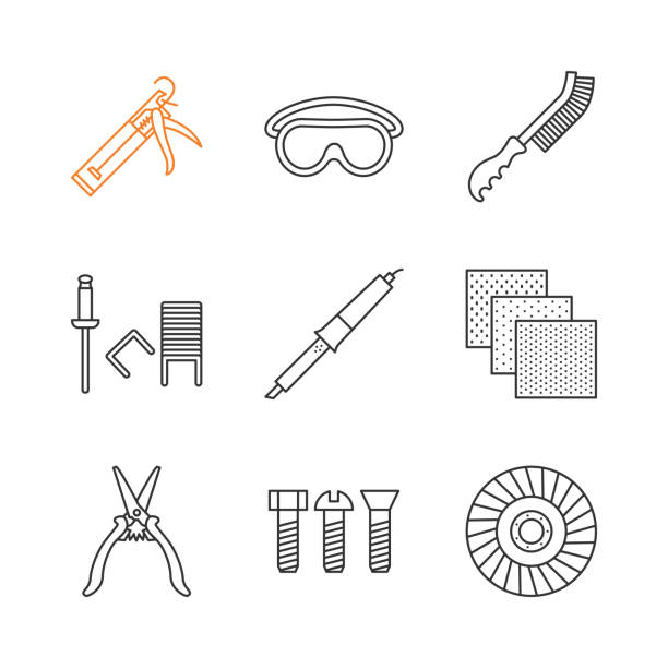 Construction tools icons Construction tools linear vector icons. Thin line. Caulking gun, goggles, wire brush, stapler pins, emery paper, metal bolts, abrasive flap wheel stapled paper stock illustrations