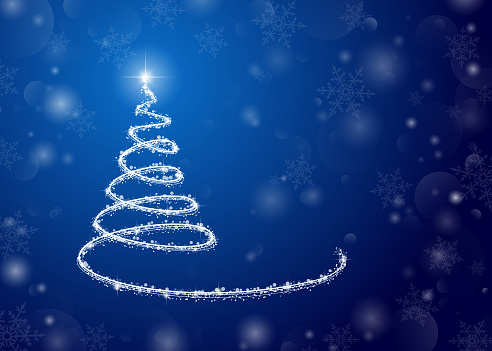 Christmas background, a glowing tree on blue. For posters, postcards, greeting, decoration on new year and Christmas. Vector illustration.