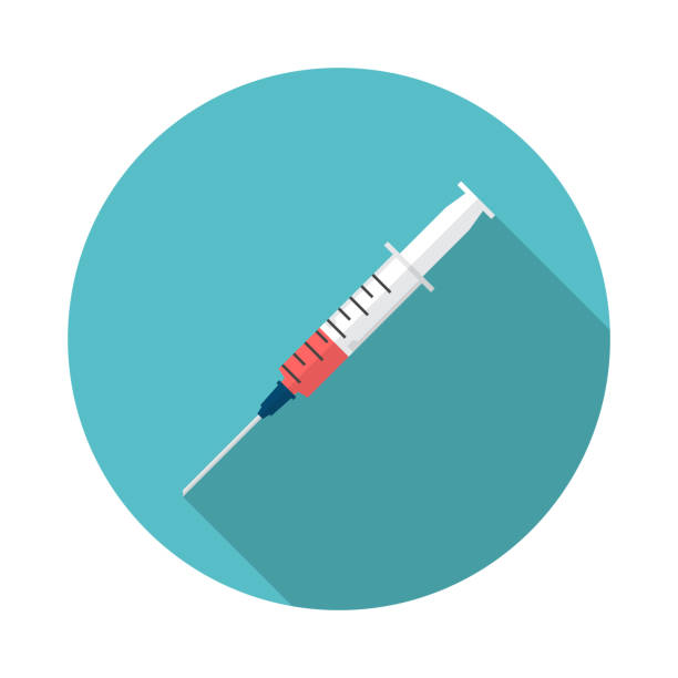 Syringe circle icon with long shadow. Flat design style. Syringe circle icon with long shadow. Flat design style. Syringe simple silhouette. Modern, minimalist, round icon in stylish colors. Web site page and mobile app design vector element. syringe stock illustrations