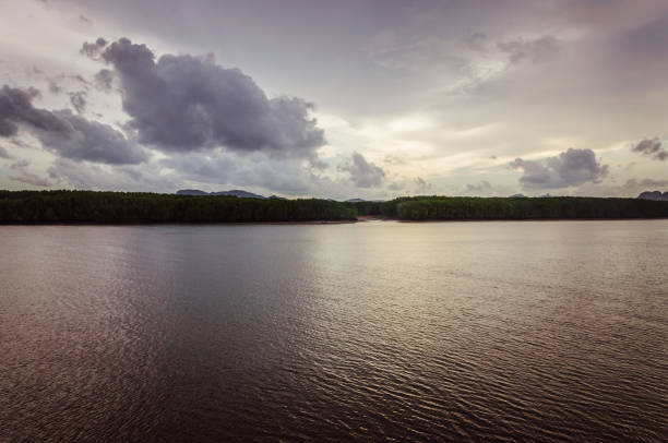 Dark water of the ocean during sunset and with evening sky on the background