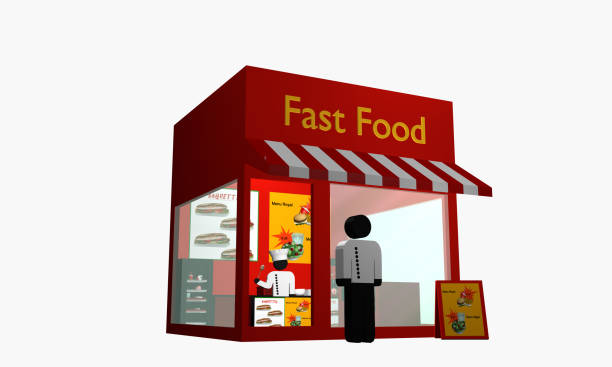 fast food imbiss mit figur am eingang und koch im inneren. - essen und photos et images de collection