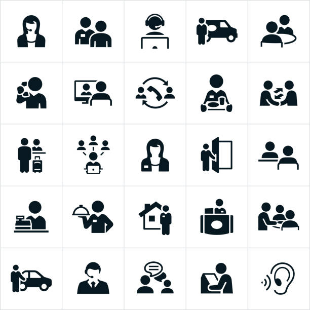 Customer Service Icons Icons related to the customer service industry. The icons include customer service representatives, store associates, service professionals, waiter, stewardess, restaurant server, receptionists, real estate agent, cashier, chauffeur, online chat and computer kiosk to name a few. retail clerk illustrations stock illustrations