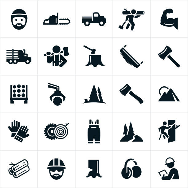 holzfäller und protokollierung icons - lumberjack lumber industry forester axe stock-grafiken, -clipart, -cartoons und -symbole