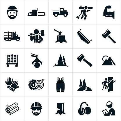 A set of lumberjack and logging icons. The icons represent the lumber industry.