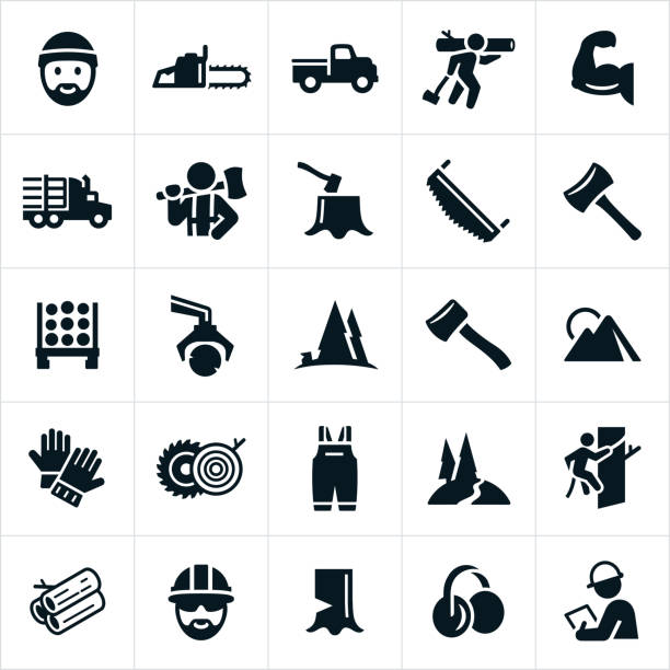 Lumberjack and Logging Icons A set of lumberjack and logging icons. The icons represent the lumber industry. chainsaw stock illustrations