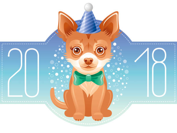 ilustrações de stock, clip art, desenhos animados e ícones de happy new year 2018 greeting card. chinese new year dog symbol, oriental holiday, isolated white background poster invitation design. flat cartoon character icon, chihuahua vector illustration - party hat hat white background blue