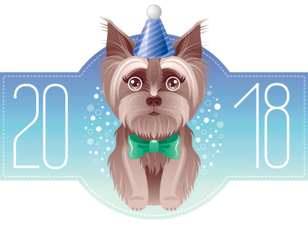 ilustrações de stock, clip art, desenhos animados e ícones de happy new year 2018 greeting card. chinese new year dog symbol, oriental holiday, isolated white background poster invitation design. flat cartoon character icon, yorkshire terrier vector illustration - party hat hat white background blue