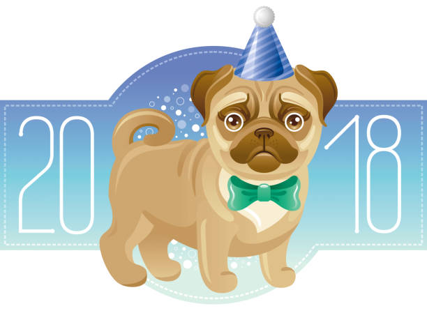 ilustrações de stock, clip art, desenhos animados e ícones de happy new year 2018 greeting card. chinese new year dog symbol, oriental holiday, isolated white background poster invitation design. flat cartoon character icon, pug puppy vector illustration - party hat hat white background blue
