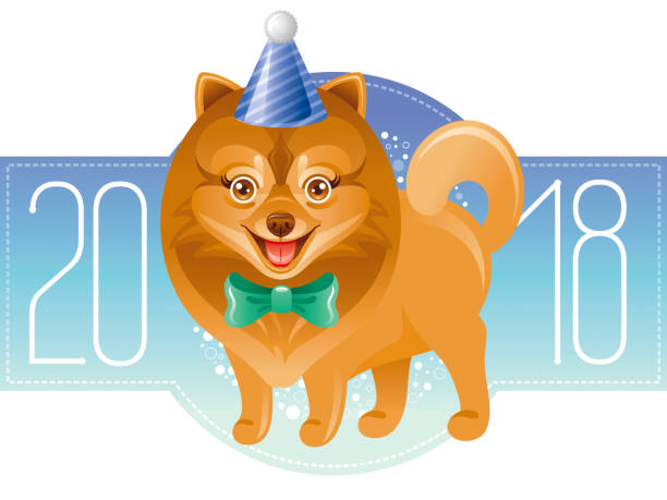 ilustrações de stock, clip art, desenhos animados e ícones de happy new year 2018 greeting card. chinese new year dog symbol, oriental holiday, isolated white background poster invitation design. flat cartoon character icon, pomeranian vector illustration - party hat hat white background blue