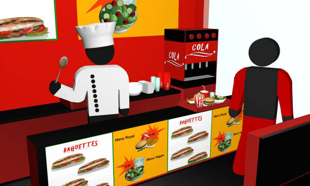fast food imbiss von innen, mit koch, kunde und menü. - essen und photos et images de collection