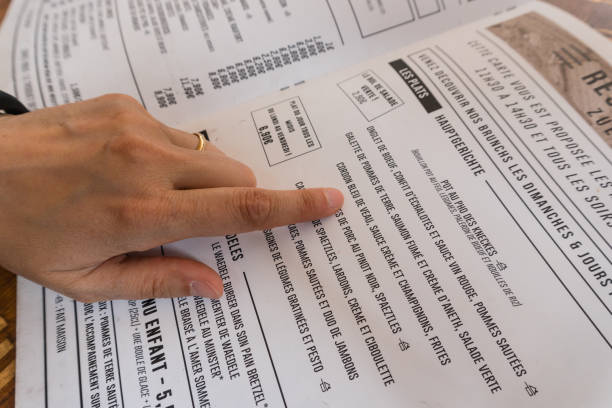 detail of a female hand browsing a menu at the restaurant