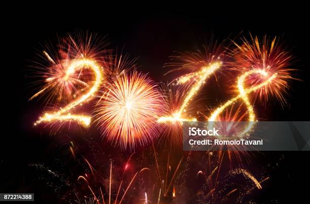 Happy New Year Red Fireworks Explosion Stock Photo - Download Image Now - 2018, Black Color, Design
