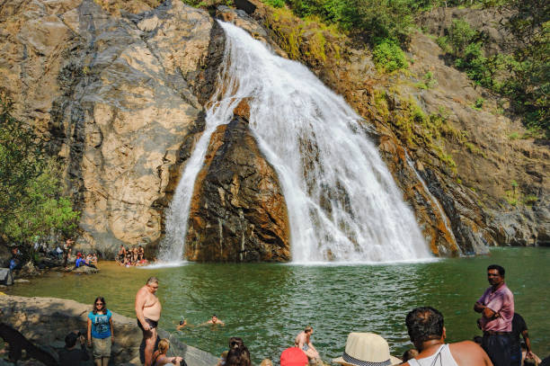 Goa, India - November 13, 2012: An unidentified tourists swimming, take photos and enjoying in water of Dudhsagar Waterfall in Goa, India.