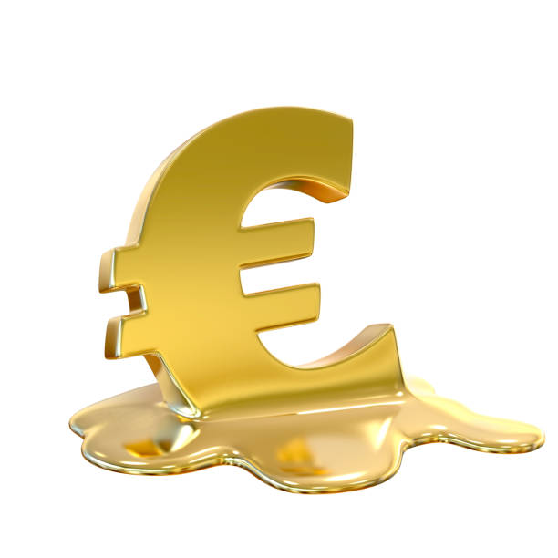 흰색 배경에서 골든 유로 붕괴 고립 된 3d 그림 - crisis european union currency europe debt 뉴스 사진 이미지