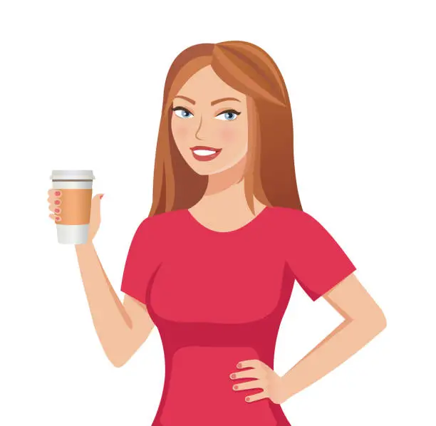 Vector illustration of Pretty cute brown-haired smiling girl holding a paper coffee cup template isolated on white background.