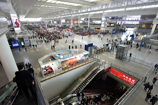 Shanghai, China - March 21, 2016: Passengers waiting at Hongqiao Railway Station on March 21, 2016 in Shanghai, China. Hongqiao Railway Station is one of the three major railway stations in Shanghai.