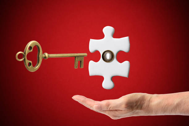 공중에 빈 직소 퍼즐의 열쇠 구멍에 있는 골동품 해골 키 삽입 - business relationship skeleton key key puzzle 뉴스 사진 이미지